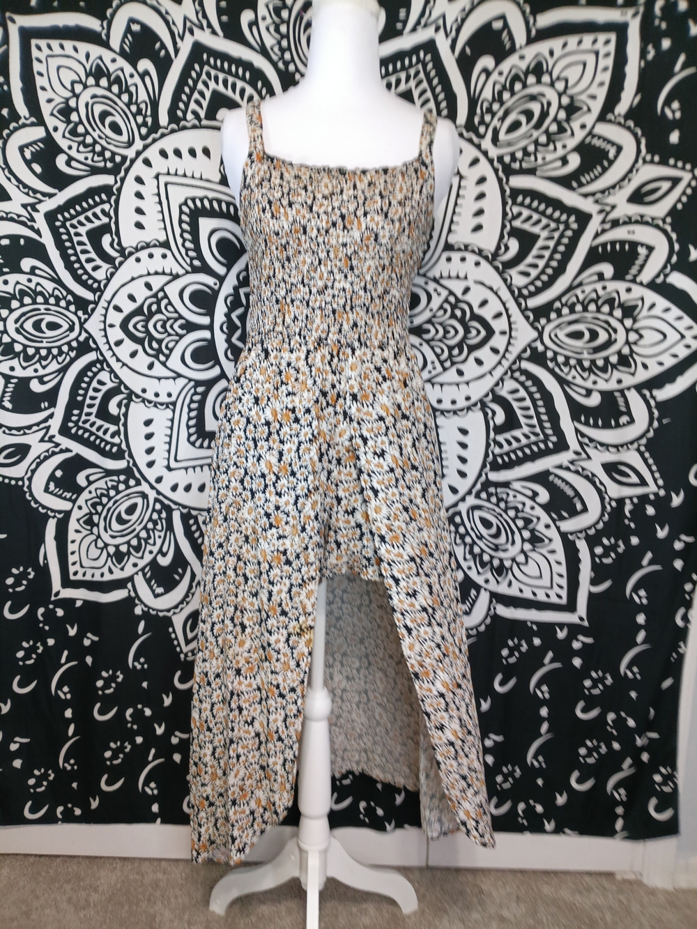 art class Black White Brown and Mustard Floral Smocked Jumpsuit